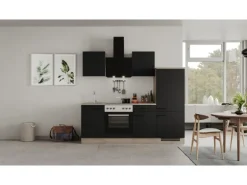 Flex-Well Exclusiv Küchenzeile Capri 220 cm Schwarz Matt-Endgrain Oak