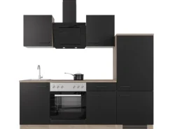 Flex-Well Exclusiv Küchenzeile Capri 220 cm Schwarz Matt-Endgrain Oak