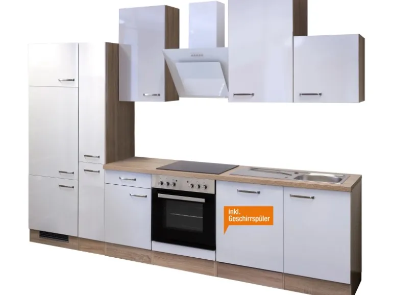 Flex-Well Exclusiv Küchenzeile Valero 310 cm Hochglanz Weiß-Sonoma Eiche