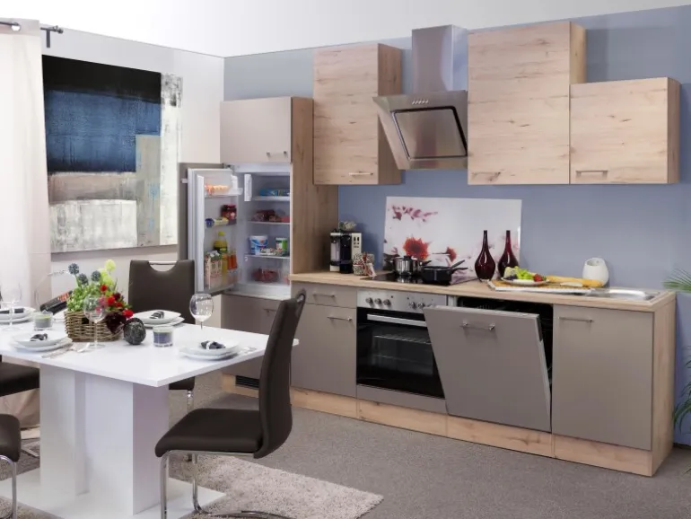 Flex-Well Exclusiv Küchenzeile Arizona 280 cm Quarz Cubanit-San Remo Eiche hell