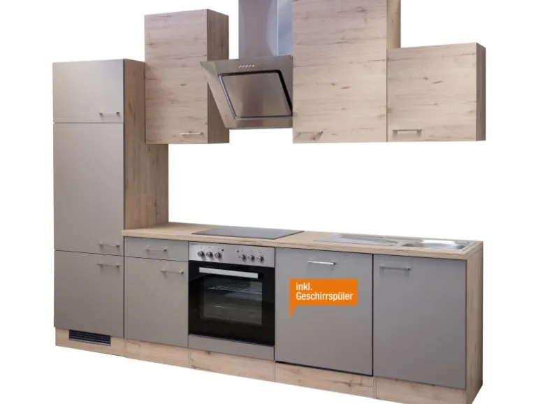 Flex-Well Exclusiv Küchenzeile Arizona 280 cm Quarz Cubanit-San Remo Eiche hell