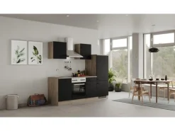 Flex-Well Exclusiv Küchenzeile Capri 220 cm Schwarz Matt-Endgrain Oak