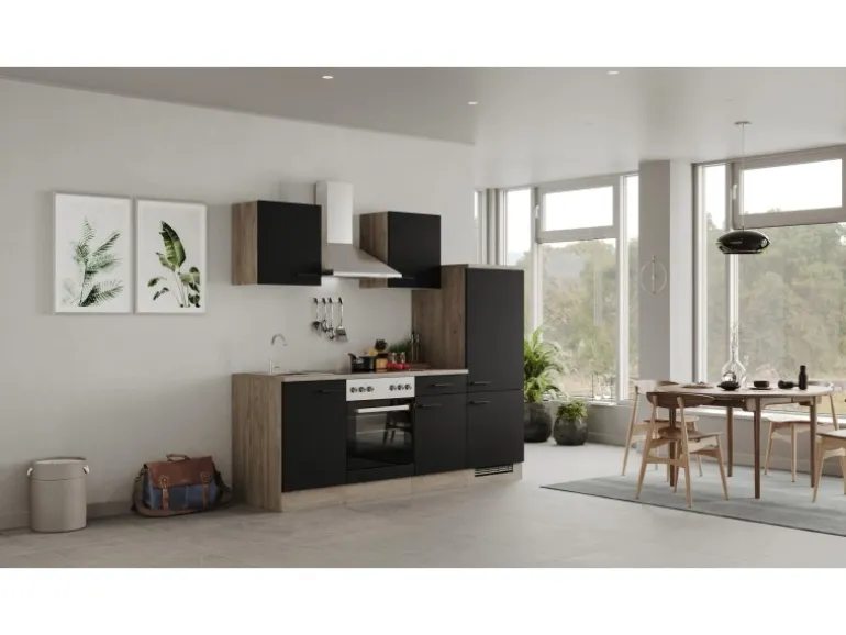 Flex-Well Exclusiv Küchenzeile Capri 220 cm Schwarz Matt-Endgrain Oak