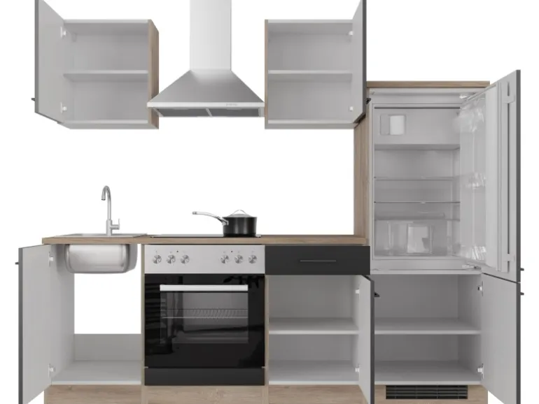 Flex-Well Exclusiv Küchenzeile Capri 220 cm Schwarz Matt-Endgrain Oak