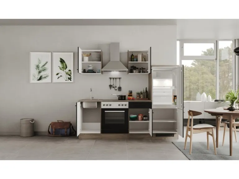 Flex-Well Exclusiv Küchenzeile Capri 220 cm Schwarz Matt-Endgrain Oak