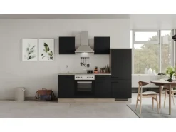 Flex-Well Exclusiv Küchenzeile Capri 220 cm Schwarz Matt-Endgrain Oak