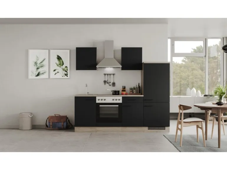 Flex-Well Exclusiv Küchenzeile Capri 220 cm Schwarz Matt-Endgrain Oak