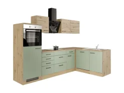 Flex-Well Exclusiv Winkelküche Cara 280 x 170 cm Schilfgrün matt - Artisan Eiche