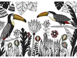 Fototapete Vögel Pflanzen Weiß Schwarz Rot Gelb 4,00 m x 2,70 m FSC®