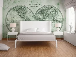 Fototapete Weltkarte Grün Grau Weiß 3,50 m x 2,55 m FSC®