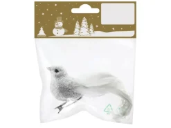 Glitzervogel mit Clip aus Styropor/Federn Silber
