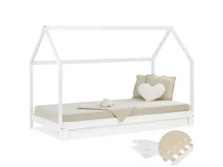 Homestyle4u Hausbett 90x200 mit 2 Matratzen Ausziehbar in Weiß 2719