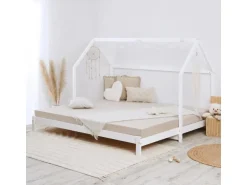 Homestyle4u Hausbett 90x200 mit 2 Matratzen Ausziehbar in Weiß 2719