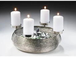 Kobolo Dekokranz Adventskranz aus Metall Silber mit Schale für 4 Kerzen