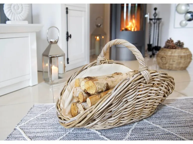 Kobolo Kaminholzkorb Kubu grey aus Rattan mit Henkel und Leinen