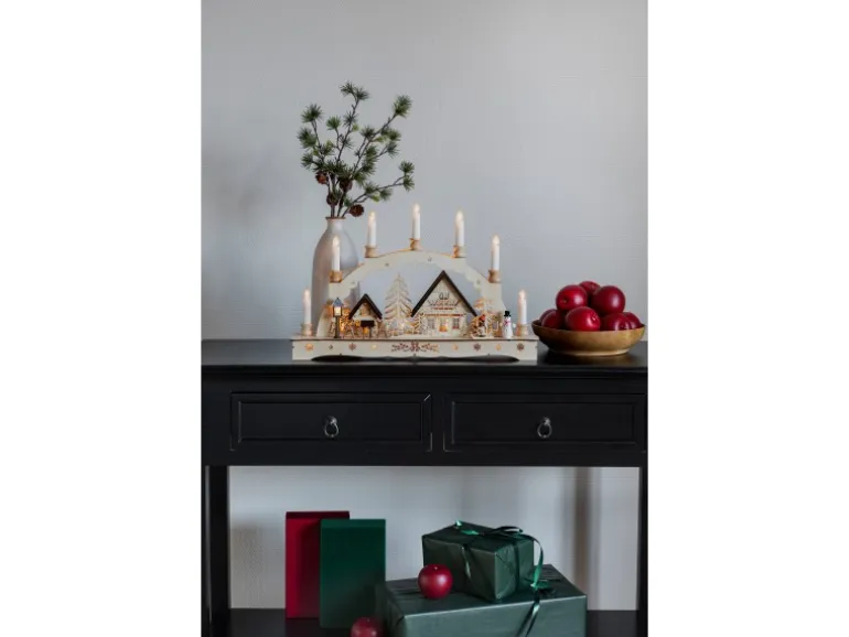 Konstsmide Holzsilhouette sieben Leuchtkerzen Naturfarben