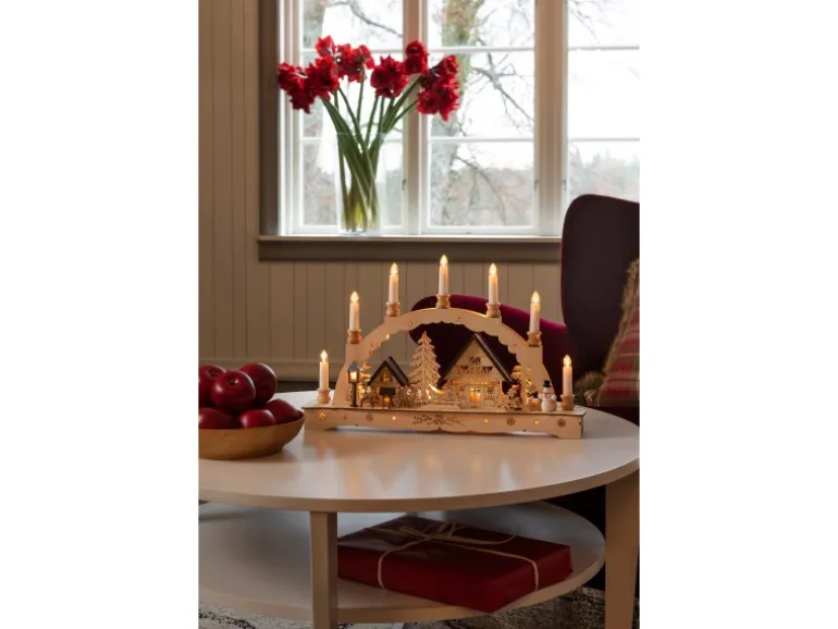 Konstsmide Holzsilhouette sieben Leuchtkerzen Naturfarben