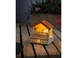 Konstsmide LED Holzsilhouette Marktstand Naturfarben orangenes Dach