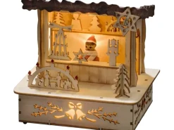 Konstsmide LED Holzsilhouette Marktstand Naturfarben braunes Dach