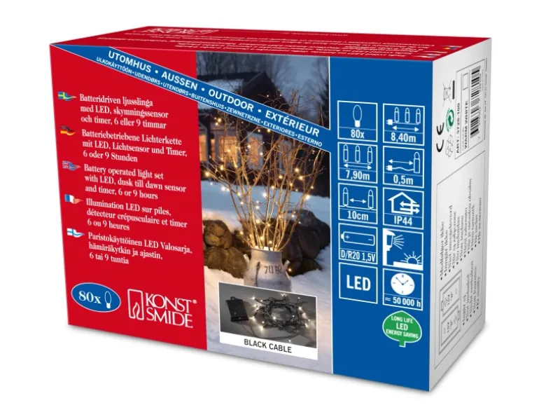 Konstsmide LED Lichterkette 80 warmweiße LEDs schwarzes Kabel innen und außen
