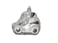 Krebs Glas Lauscha Baumschmuck Weihnachtsmann im Auto Silberfarbig 8cm