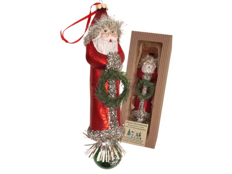 Krebs Glas Lauscha Baumschmuck Santa mit Kranz Nostalgie Rot 22cm