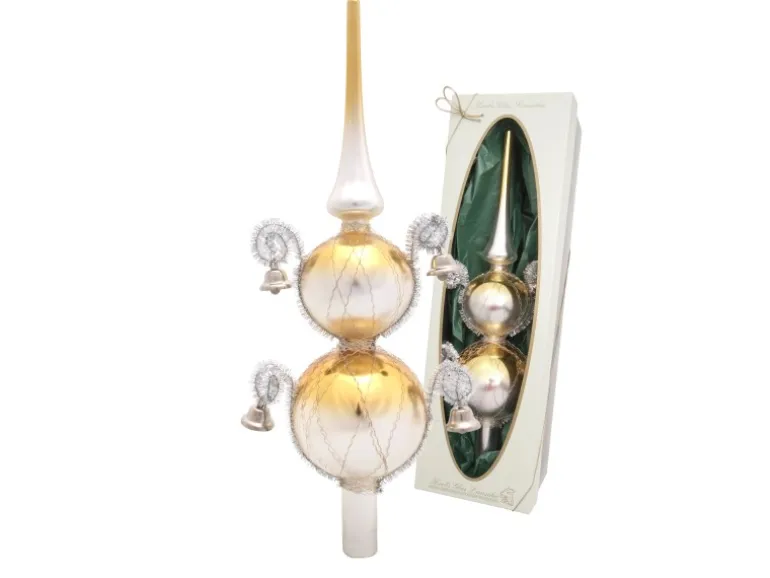 Krebs Glas Lauscha Baumspitze Glöckchen Umsponnen 2-farbig Goldfarbig 33cm