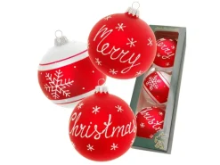 Krebs Glas Lauscha GmbH Christbaumkugeln Weihnachtskugeln Glas Ø 8 cm 3 Stück rot matt/weiß