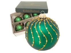 Krebs Glas Lauscha Weihnachtskugeln Grün Streifen Gold 6er Set 8cm