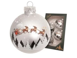 Krebs Glas Lauscha Weihnachtskugeln Santa mit Rentieren Silberfarbig 7cm