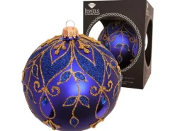 Krebs Glas Lauscha Weihnachtskugel Strassdesign Blätterranken Blau 10cm