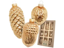 Krebs Glas Lauscha Weihnachtsornamente Zapfen und Nüsse Effektgold 9-tlg. 5cm