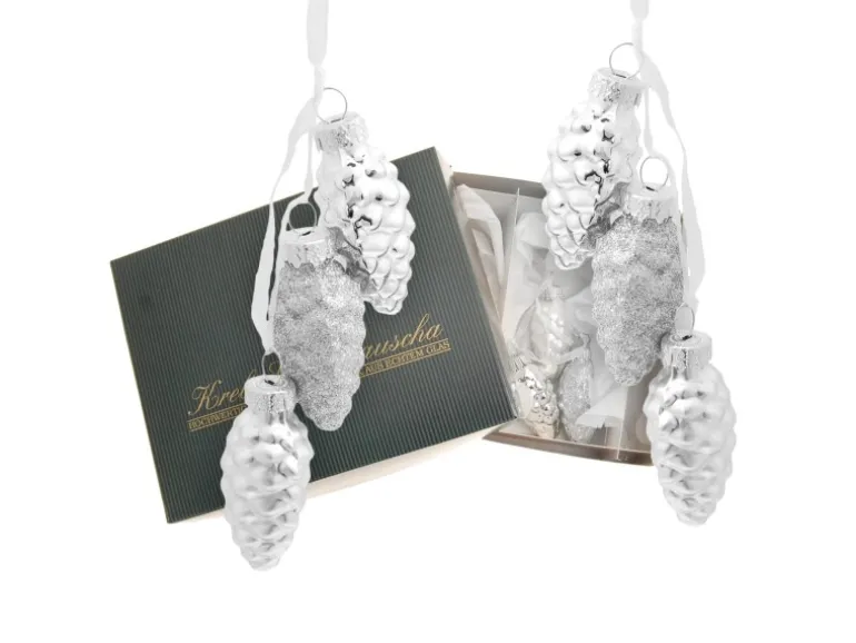 Krebs Glas Lauscha Weihnachtsornamente Silber Tannenzapfen 6er-Set 8cm