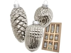 Krebs Glas Lauscha Weihnachtsornamente Zapfen und Nüsse Effektsilber 9-tlg. 5cm