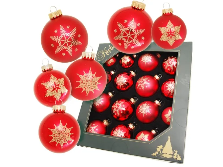 Krebs Glas Lauscha Weihnachtskugeln Sortiment Schneeflocke Rot 8cm