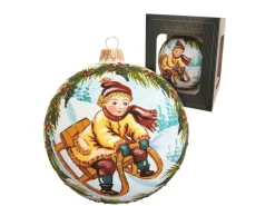 Krebs Glas Lauscha Weihnachtskugel Junge auf Schlitten Weiß 10cm