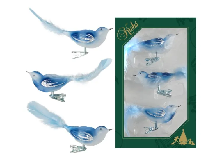 Krebs Glas Lauscha Weihnachtsornamente Vögel Blau 3er-Set 7cm