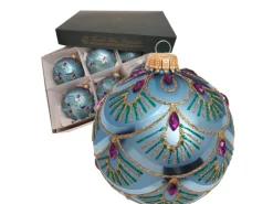 Krebs Glas Lauscha Weihnachtskugeln Pfaumuster Türkis 8cm