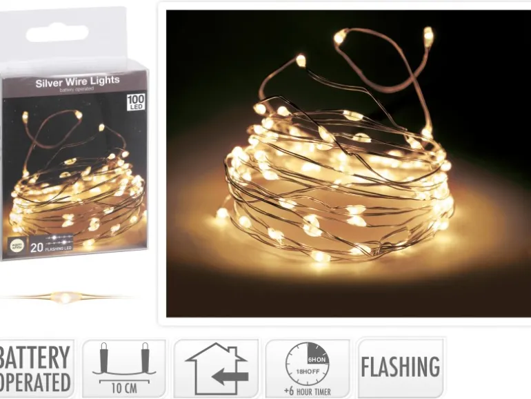 LED Lichterkette 100 warmweiße LEDs Silberdraht mit Funkeleffekt innen