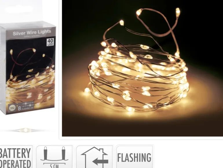 LED Lichterkette 40 warmweiße LEDs Silberdraht mit Funkeleffekt innen