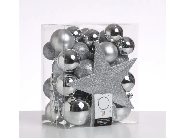 Marelida Christbaumkugeln Weihnachtskugeln Mit Stern Baumspitze Bruchfest Silber 33St.