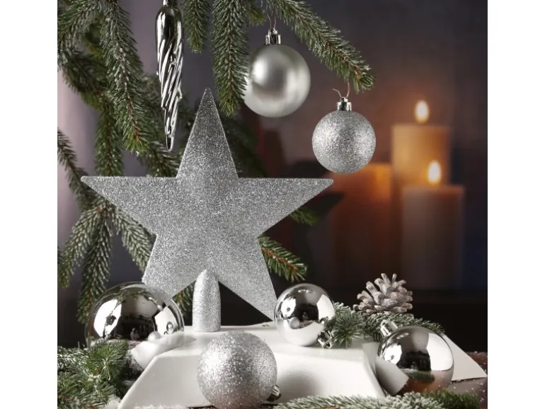 Marelida Christbaumkugeln Weihnachtskugeln Mit Stern Baumspitze Bruchfest Silber 33St.