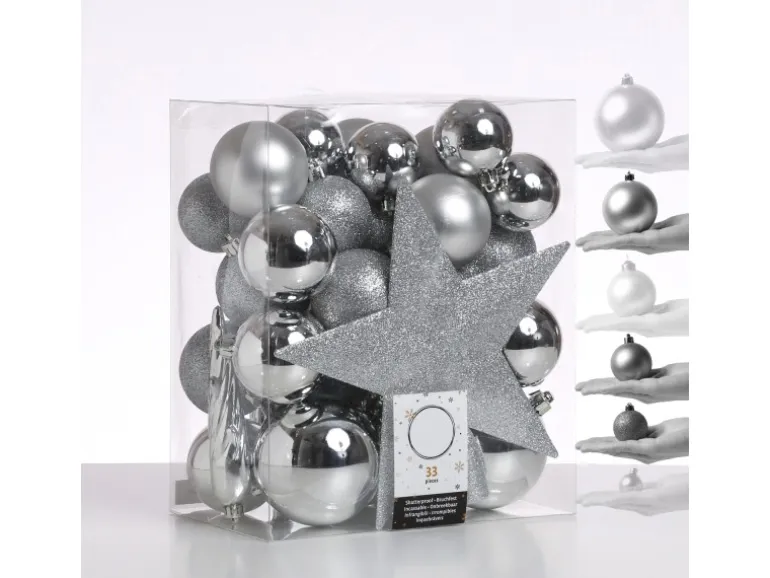 Marelida Christbaumkugeln Weihnachtskugeln Mit Stern Baumspitze Bruchfest Silber 33St.