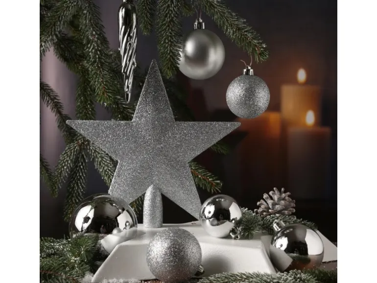 Marelida Christbaumkugeln Weihnachtskugeln Mit Stern Baumspitze Bruchfest Silber 33St.