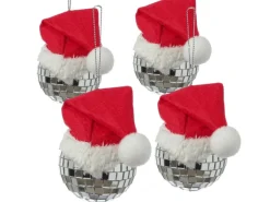 Marelida Weihnachtsbaumschmuck Discokugel Weihnachtsbaumkugel Silber Nikolausmütze 4er Set