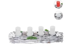 MCW Adventskranz Länglich Holz 60x16x9cm mit Kerzen Weiß