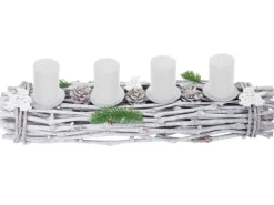MCW Adventskranz Länglich Holz 60x16x9cm mit Kerzen Weiß