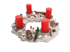 MCW Adventskranz Rund Holz Ø 40cm Weiß-Grau mit Kerzen Rot