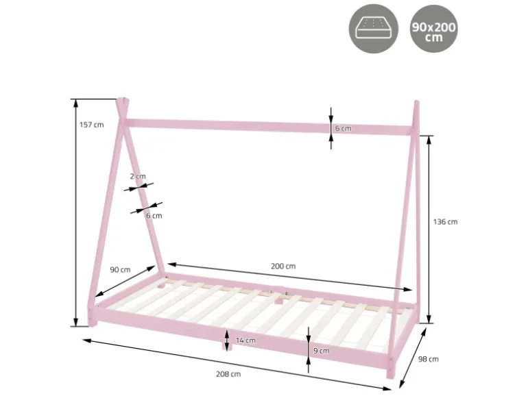 ML-Design Kinderbett Tipi 90x200 cm Hellgrau Matratze H10cm Lattenrost