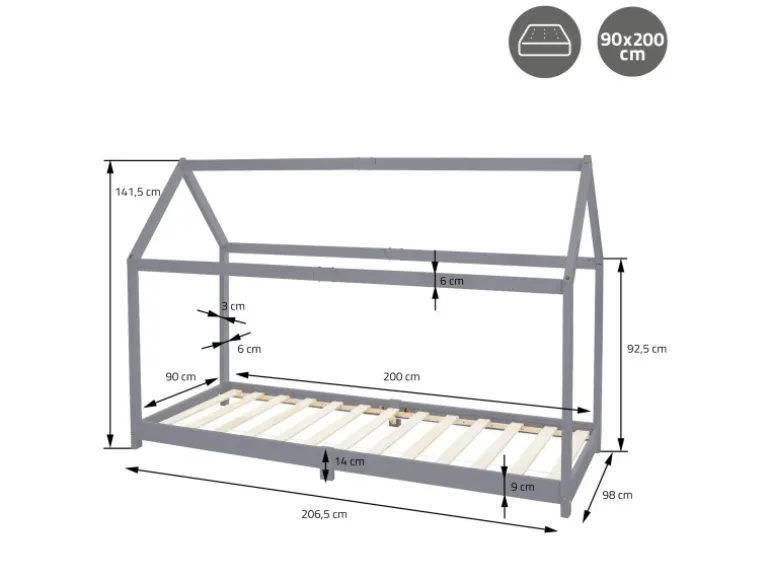 ML-Design Kinderbett Tipi 90x200 cm Hellgrau Matratze H16cm Lattenrost